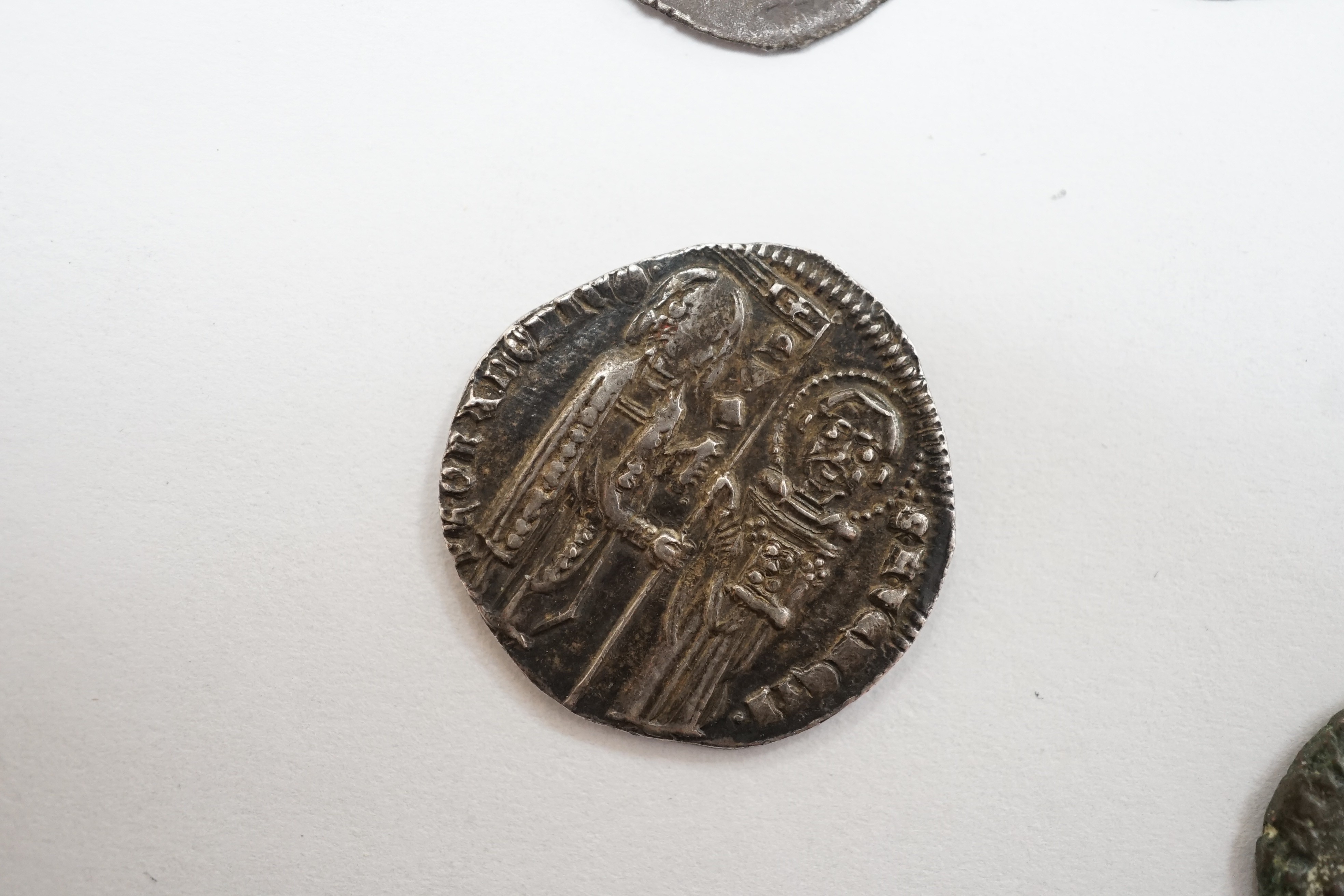Greek, Celtic and European medieval coinage to include an AR drachm, Illyria, an Iceni Antedios Anted silver unit, a Venetian AR grosso, two deniers tournois, a Charles the Bold 2 Stuivers and a fragment of a lead crucif